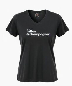 Schwarzes Weinshirt mit dem Aufdruck Fritten und Champagner