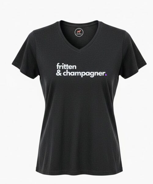Schwarzes Weinshirt mit dem Aufdruck Fritten und Champagner