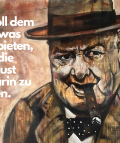 Churchill auch Sir Winston Churchill genannt auf einer Kunstpostkarte mit einem Zitat von Moselzeug