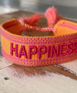 Armband orange mit Schrift in pink mit Aufschrift Happiness voon Moselzeug