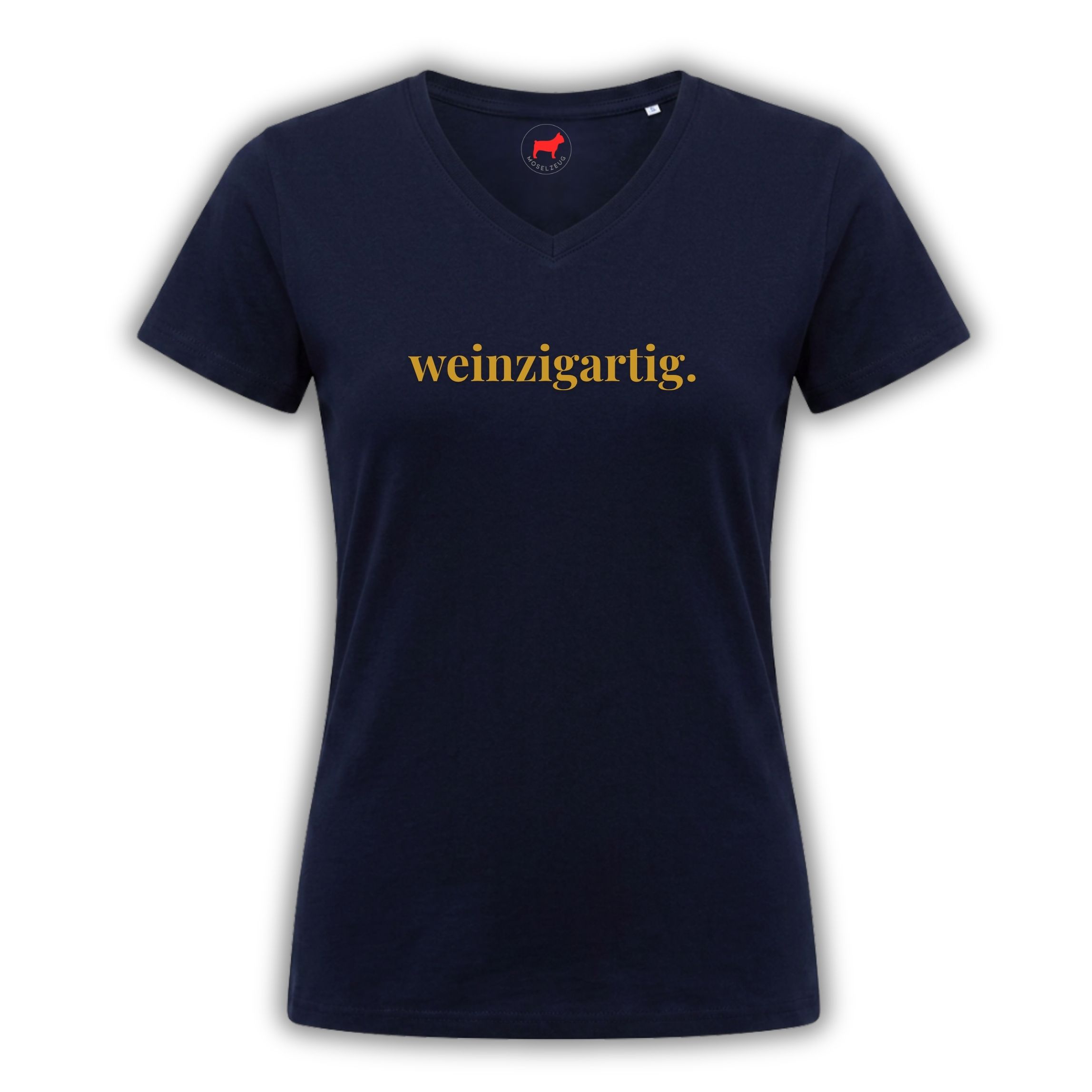 T-Shirt Weinzigartig gold | Moselzeug 1 Goldenes Weinzigartig auf einem schwarzen T-Shirt