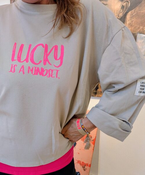 Sweat von Moselzeug in beige Lucky is a mindset in neon